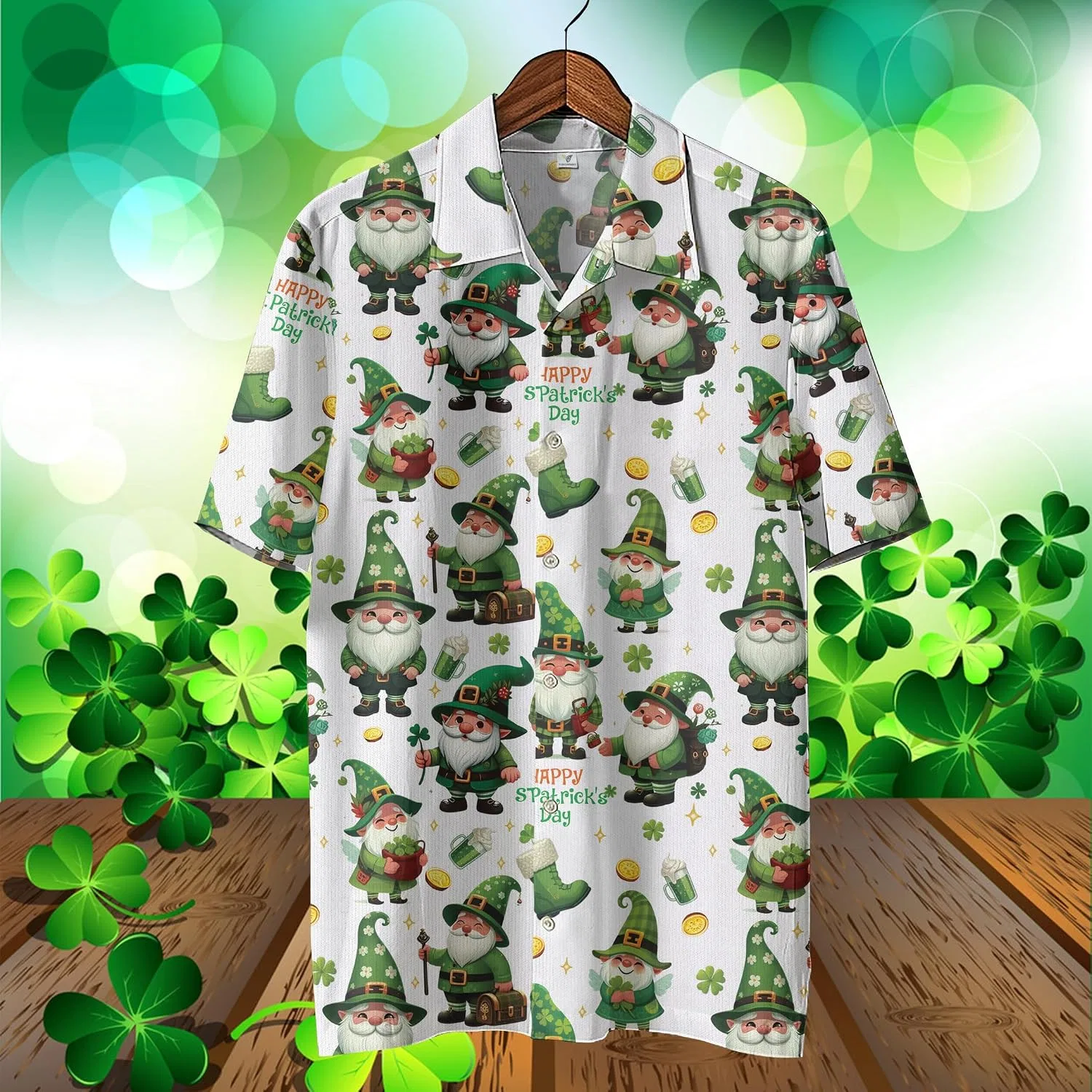 Мужская гавайская рубашка с коротким рукавом, с принтом, Lucky Gnomes, Irish_15 — фото 3