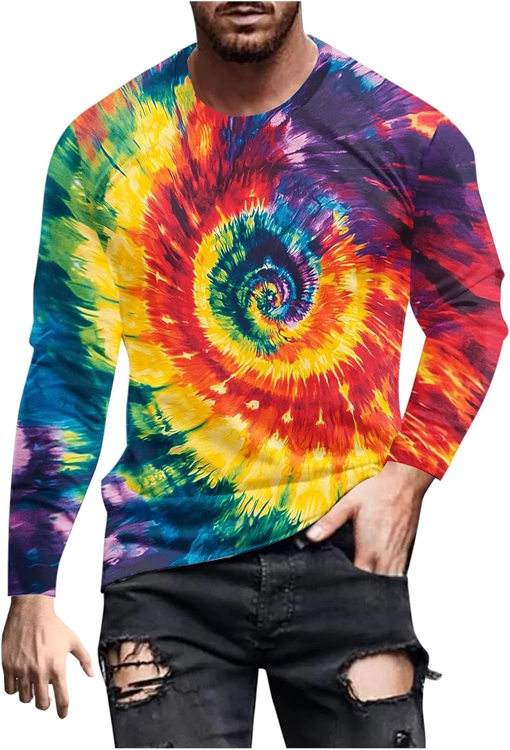 Мужская футболка с градиентом Tie Dye Long Sleeve Shirts for Men, 8-dark Blue