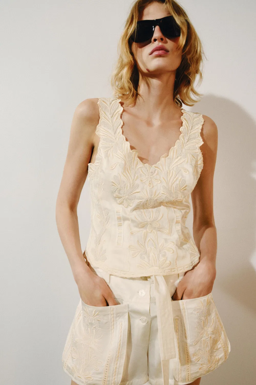 Вышитый топ из коллекции ZW ZARA, Ecru/Beige — фото 4