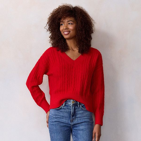 

Женский вязаный свитер с v-образным вырезом Lc Lauren Conrad, Red