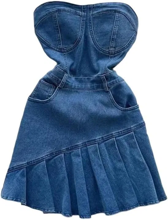 Женское джинсовое мини-платье A-line без бретелек, Blue