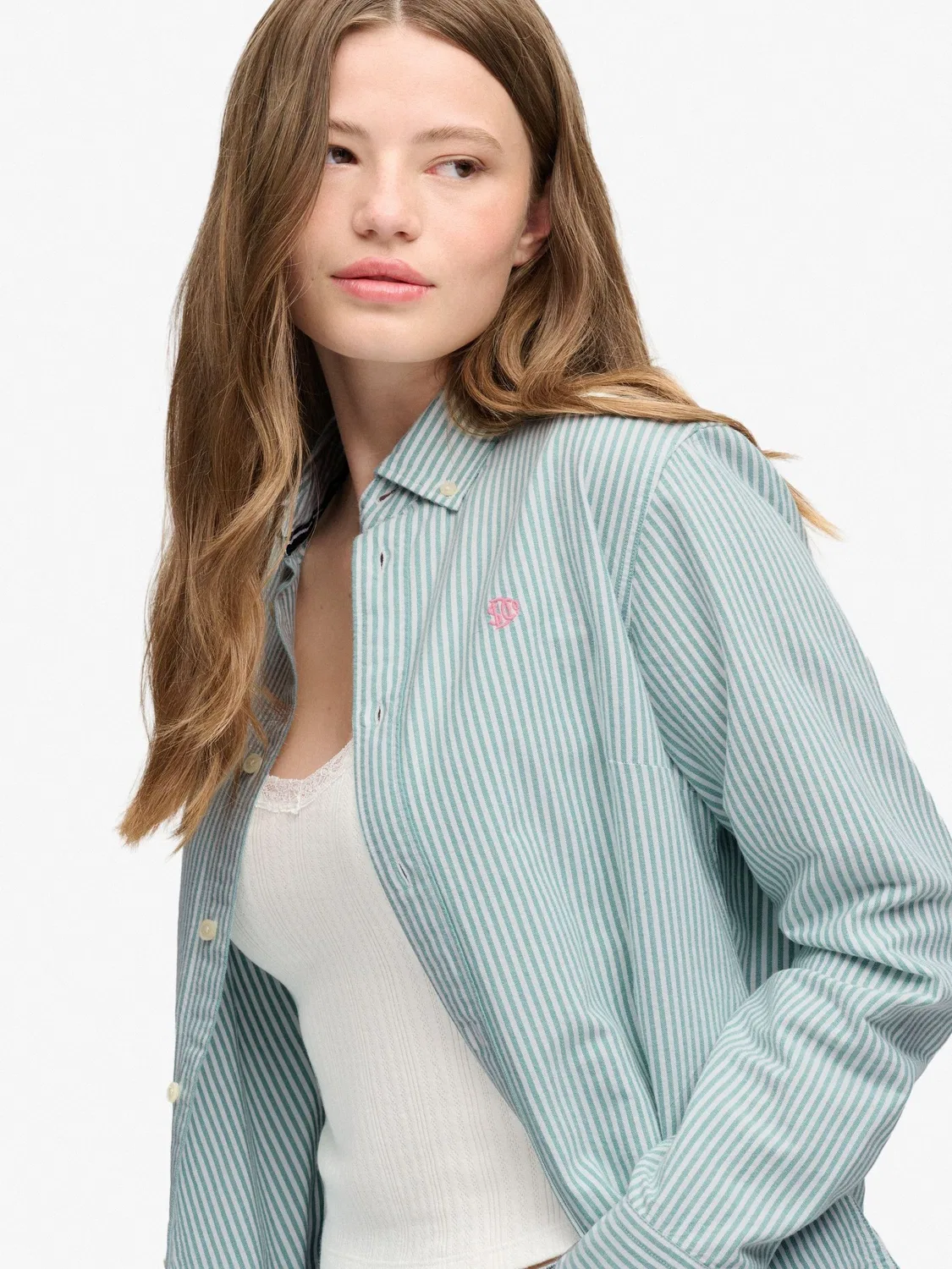 Рубашка оксфордская Slim Oxford Superdry, зелено-белая полоска — фото 4
