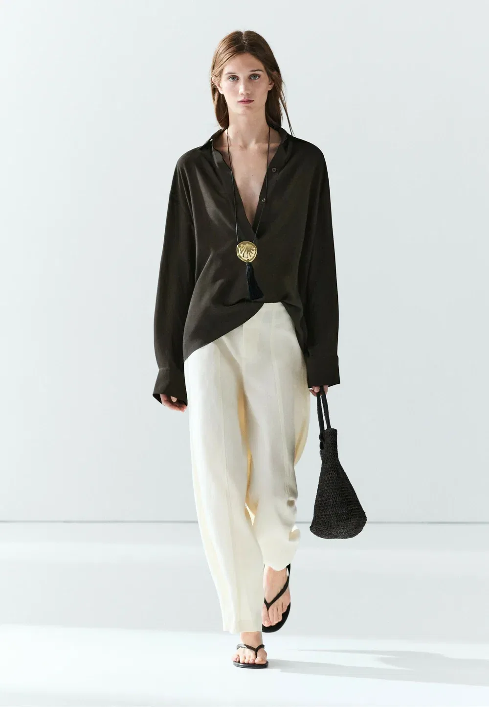 Свободная рубашка на пуговицах - блузка Massimo Dutti, Dark Brown — фото 2