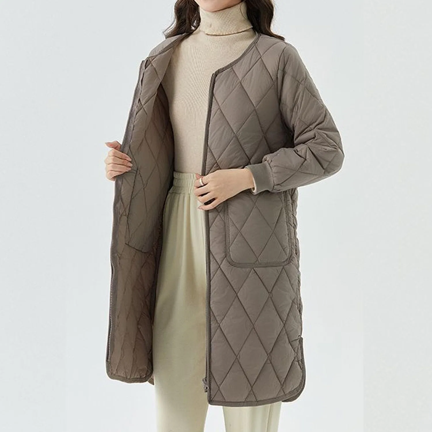 Женское стеганое пальто с V-образным вырезом и молнией Oversize Coats for Women, Cachi — фото 2
