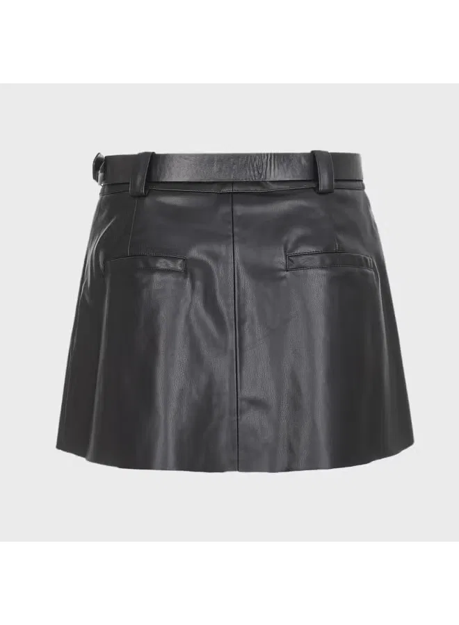 Юбка-трапеция плиссированная мини кожаная Zara, черный — фото 3