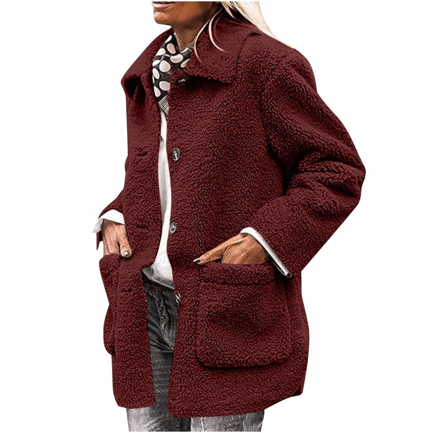 Женское утепленное пальто с длинным рукавом, отложным воротником, из флиса, Rd1