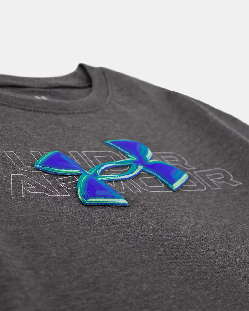 Футболка для мальчиков с коротким рукавом, влагоотводящая, модель UA Puff Chrome Logo UnderArmour, Downpour Gray/Team Royal — фото 2