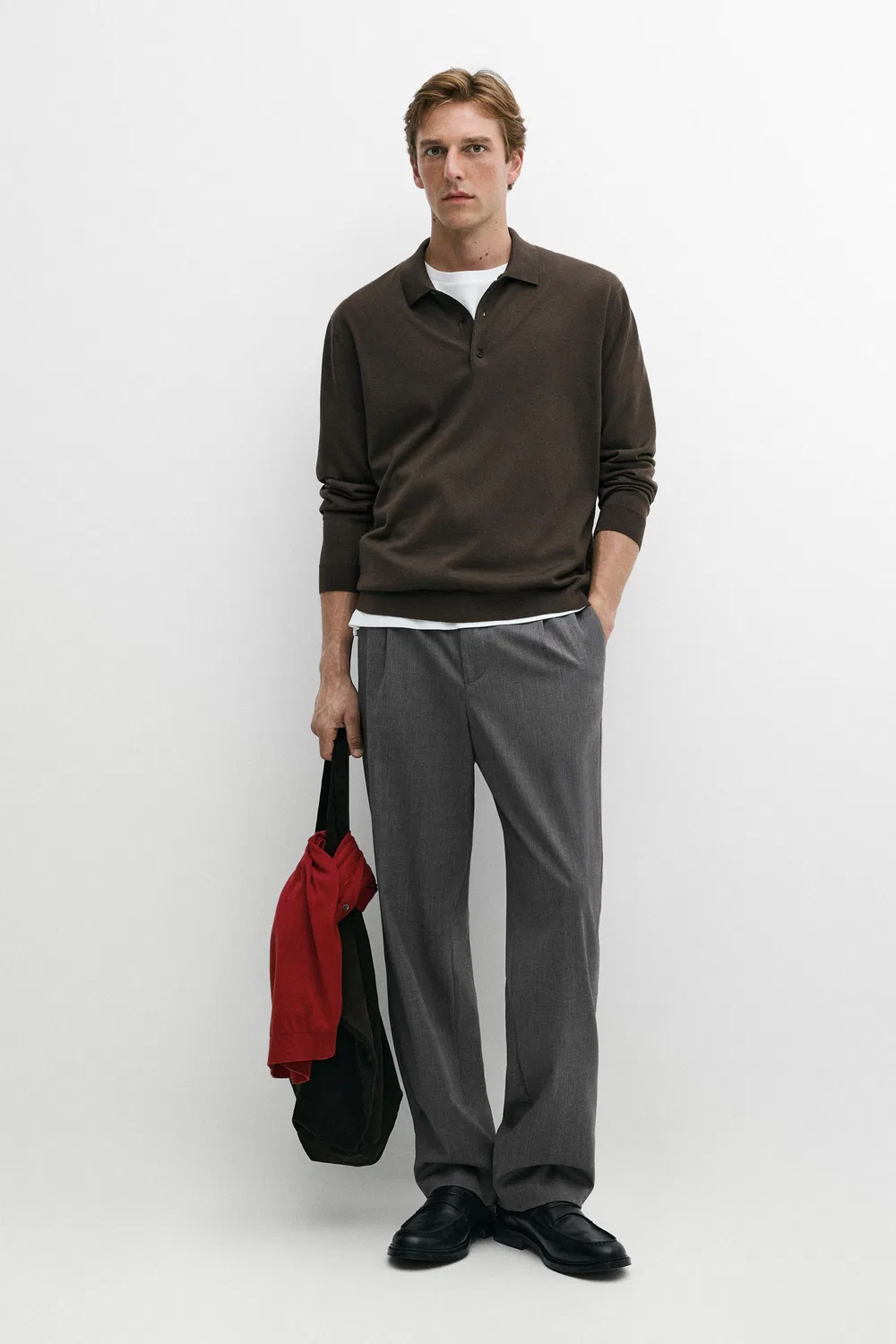 Поло-свитер Massimo Dutti 100% Merino Wool Knit, темный хаки — фото 3