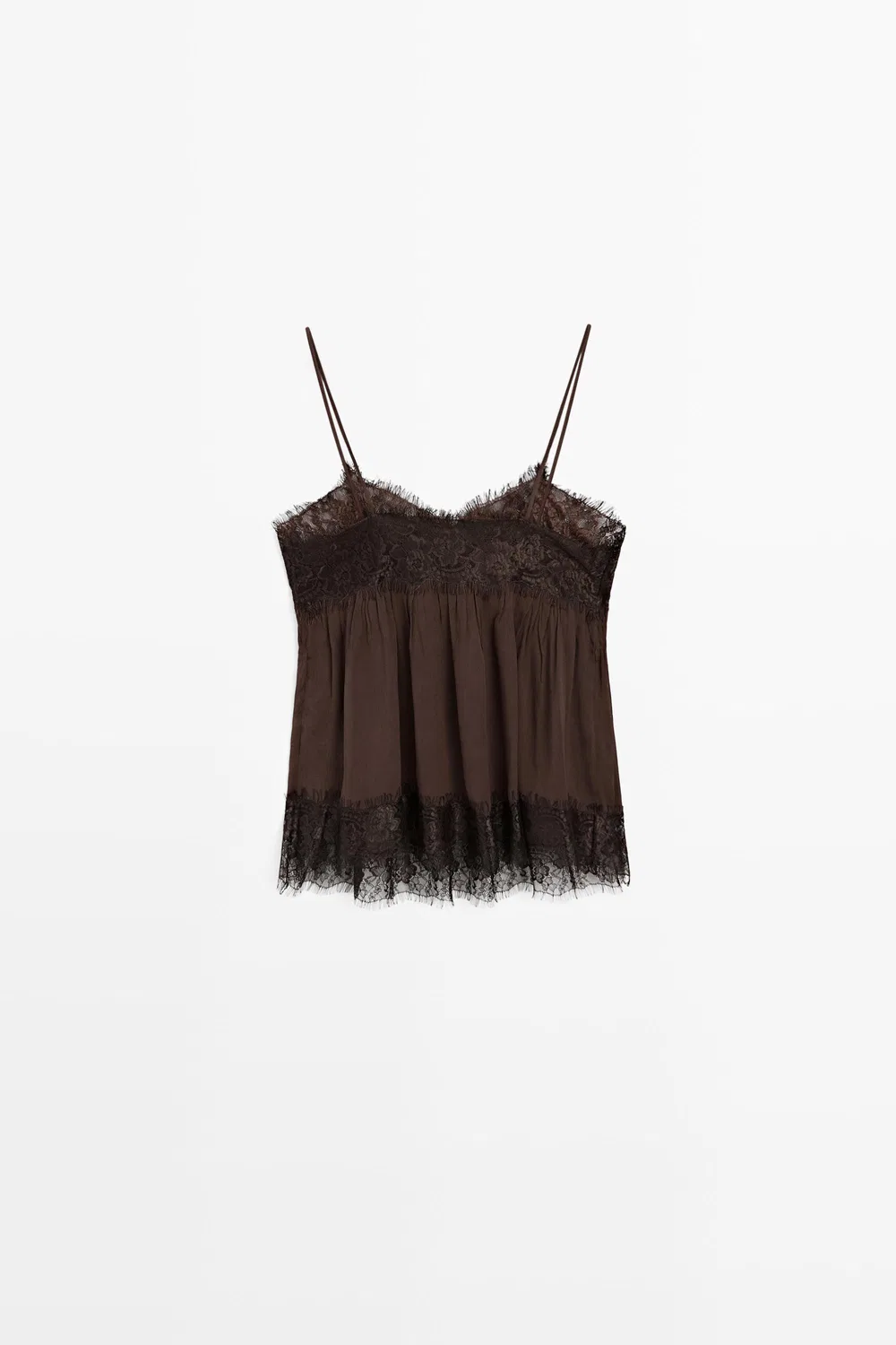 Топ-камисоль Massimo Dutti With Contrast Lace Detail , коричневый — фото 2