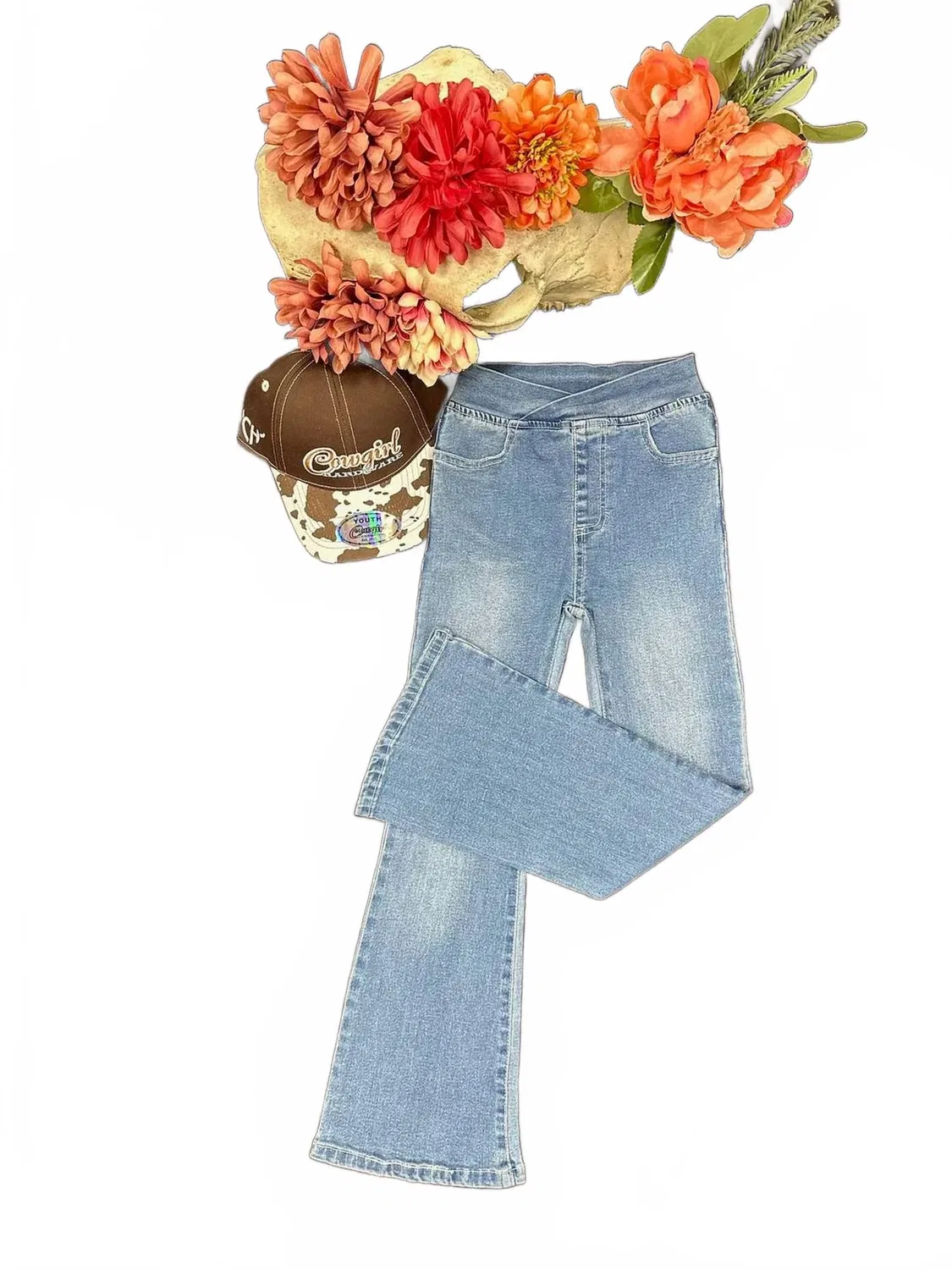 Детские джинсы-клеш для девочек с перекрещивающимся поясом Criss Cross Waist Flare Jeans ML Kids, синий — фото 2