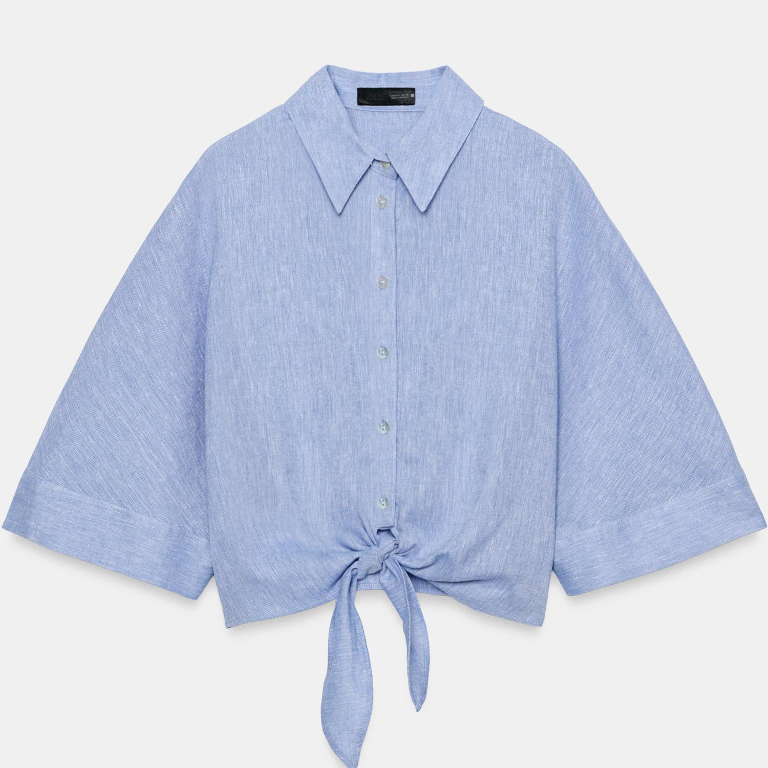 Рубашка Zara Linen Blend With Knot, светло-синий