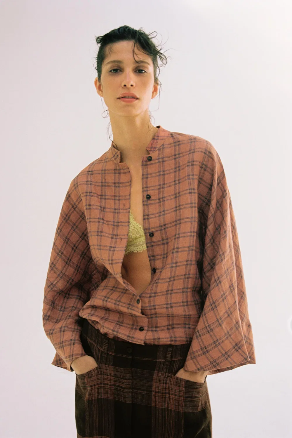 Брюки из клетчатого льна из коллекции ZW ZARA, Brown — фото 3