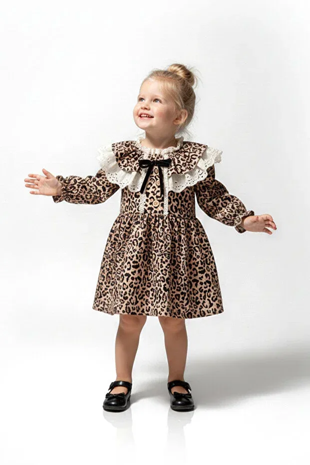 Детское платье для девочек с длинным рукавом Leopard Baby Animals, Light Brown