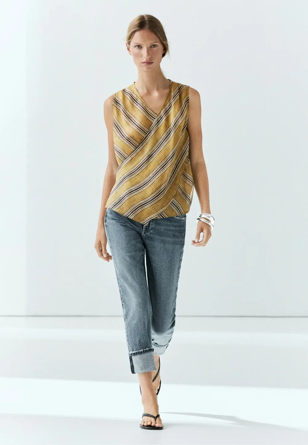 Струящаяся полосатая блузка-топ из смеси рами с запахом Massimo Dutti, Dark Yellow — фото 2