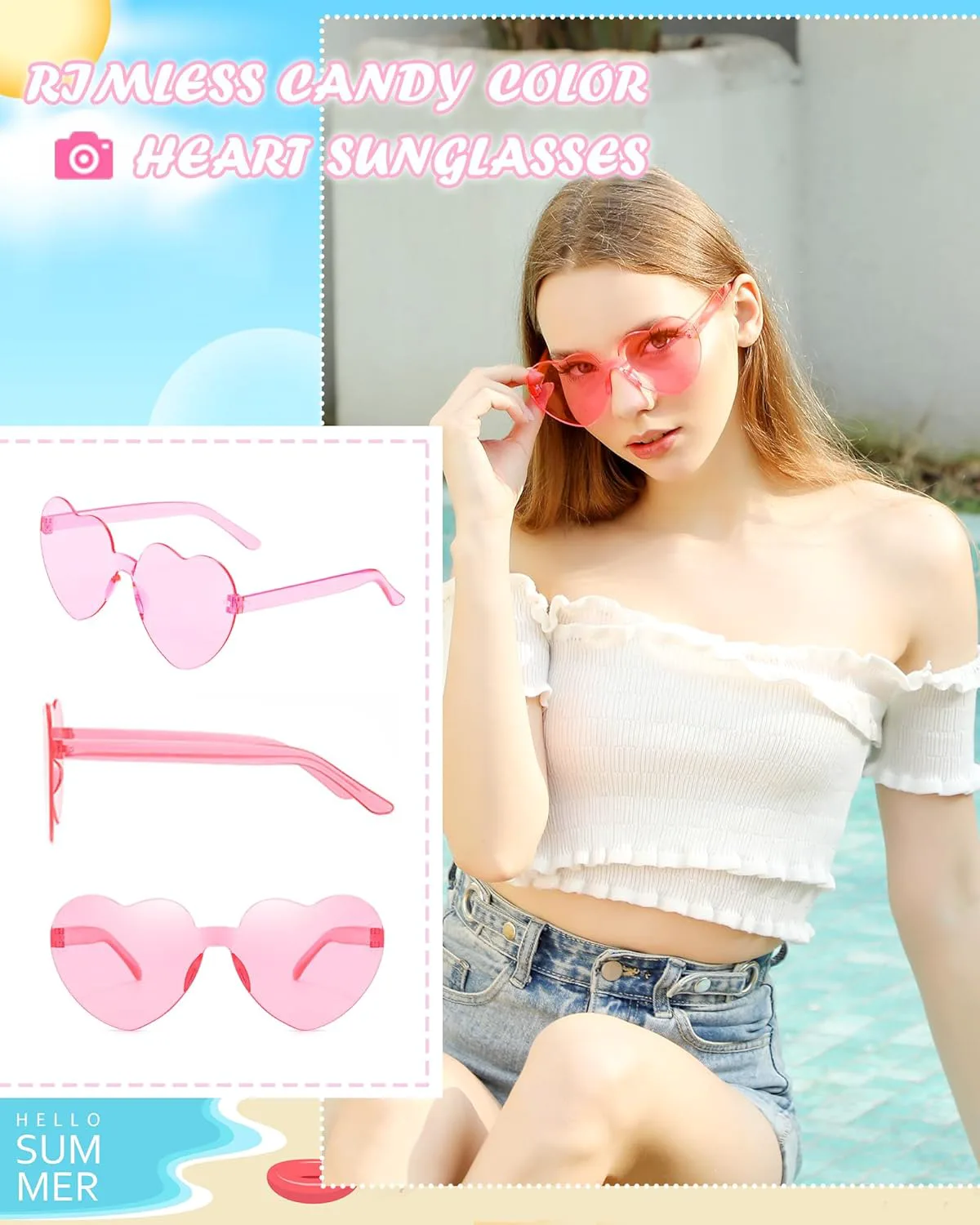 

12 пар солнцезащитных очков в форме сердца, конфетные цвета, без оправы, забавные очки в форме сердца для женщин, сувениры для вечеринок LYMOJOR, Pink, Hot Pink