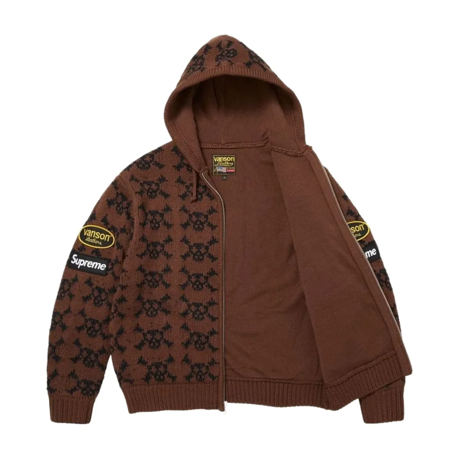 Мужское худи FW26 x Vanson Leathers Skull Zip Up Hooded Sweater 'Brown' Supreme, коричневый — фото 2