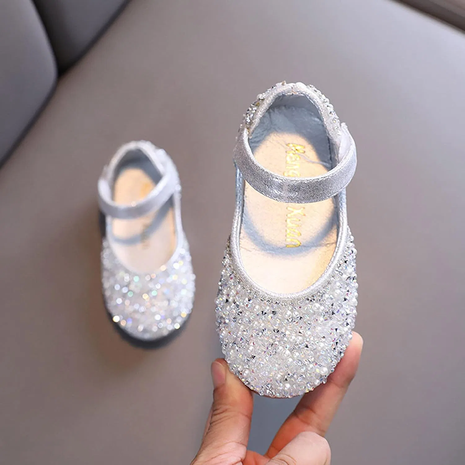 Детские балетки для девочек с принтом Mary Jane Dress Shoes Rhinestones Flower Girl Wedding Party Shoes Ballet Flats Little Girl Dress up Shoes, Silver — фото 3