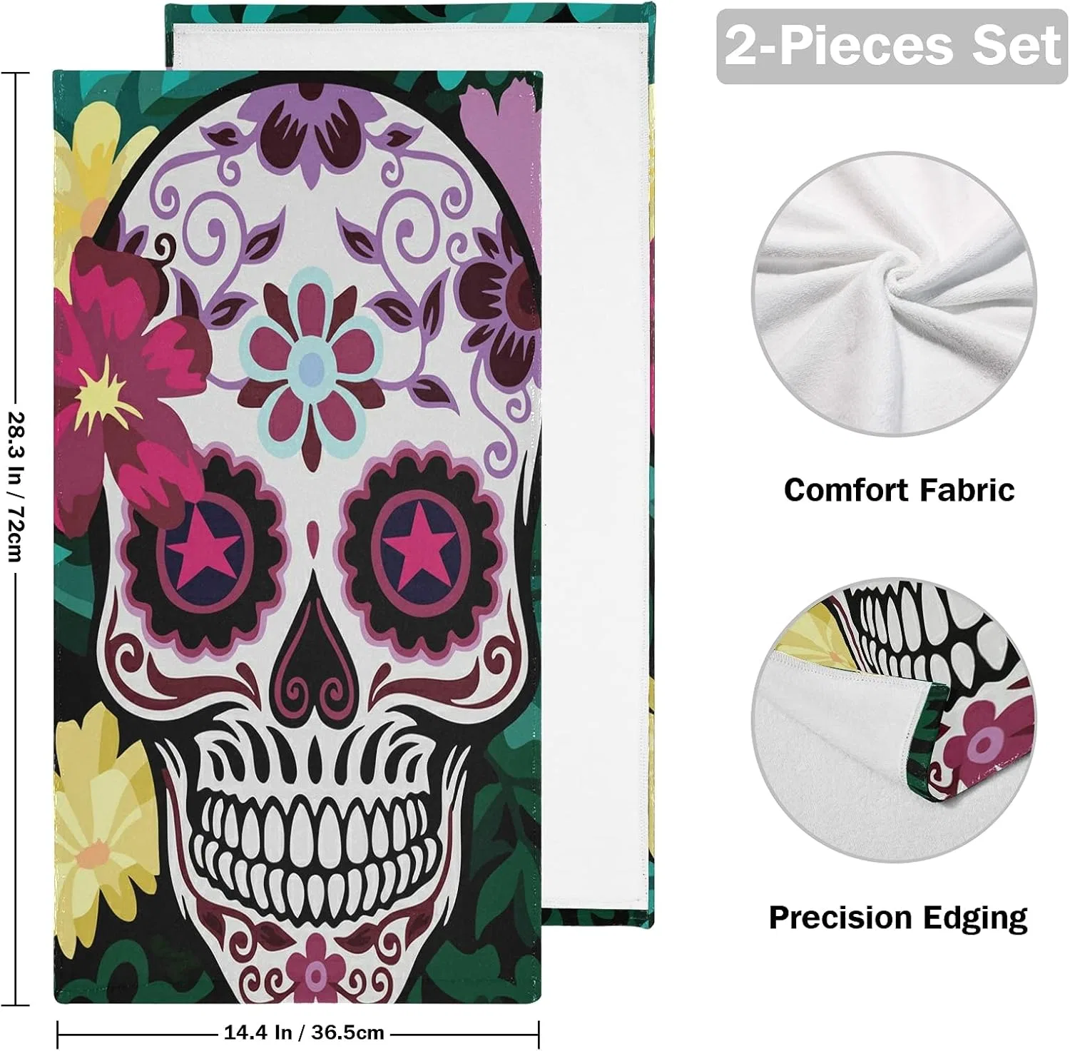 Полотенце для лица, 2 шт, CHIFIGNO, микрофибра/хлопок, 72x37 см, Colourful Skulls — фото 2