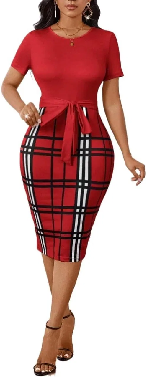 Женское облегающее платье миди с поясом Plaid, Red