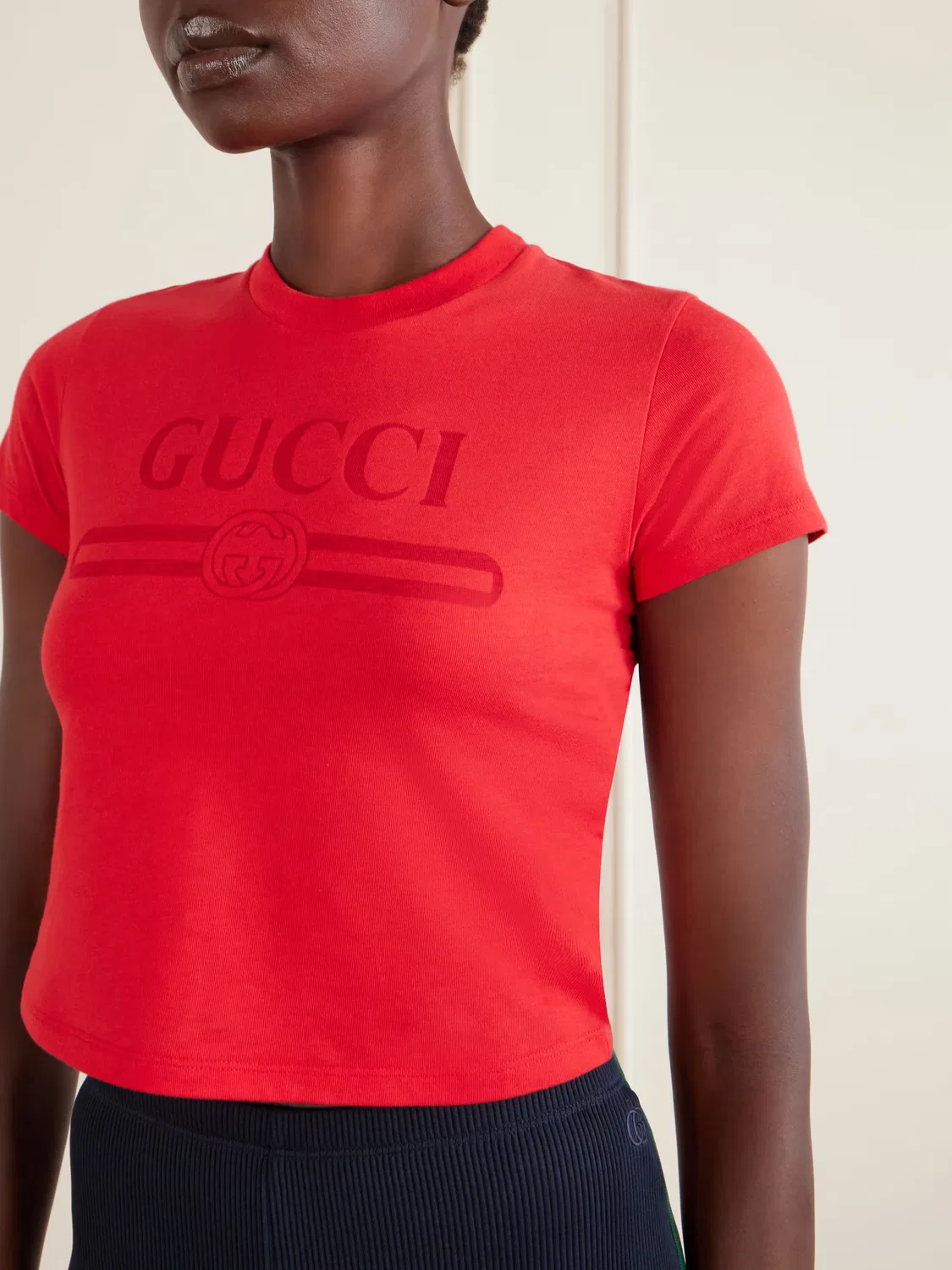 Футболка Gucci Укороченная с принтом, Хлопковая смесь, Красный — фото 4