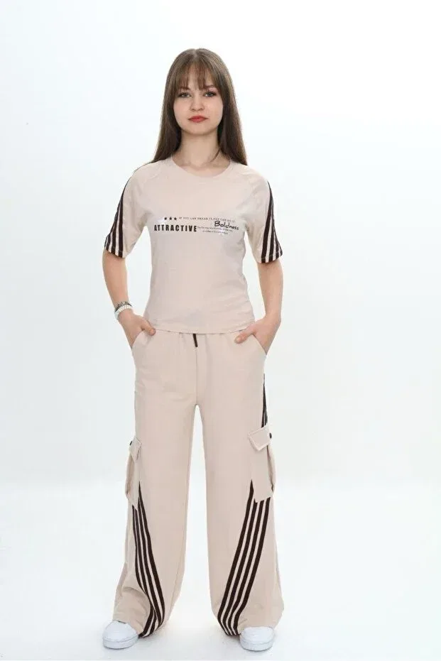 Детский комплект спортивного костюма для девочек с полосками Jannock, Beige