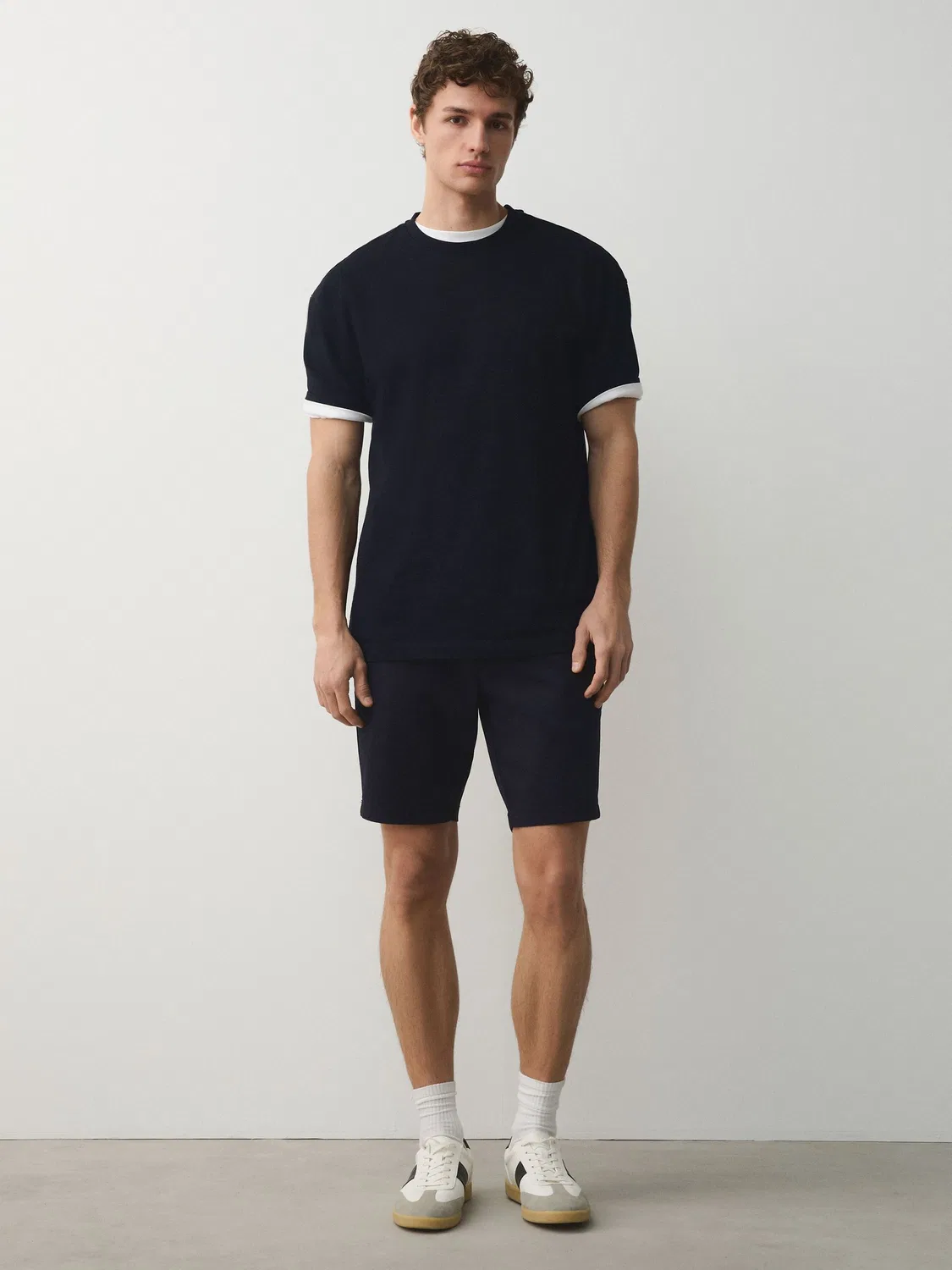 Шорты хлопковые, модель Skinny Fit Stretch Chino Next, темно-синий/камень — фото 3