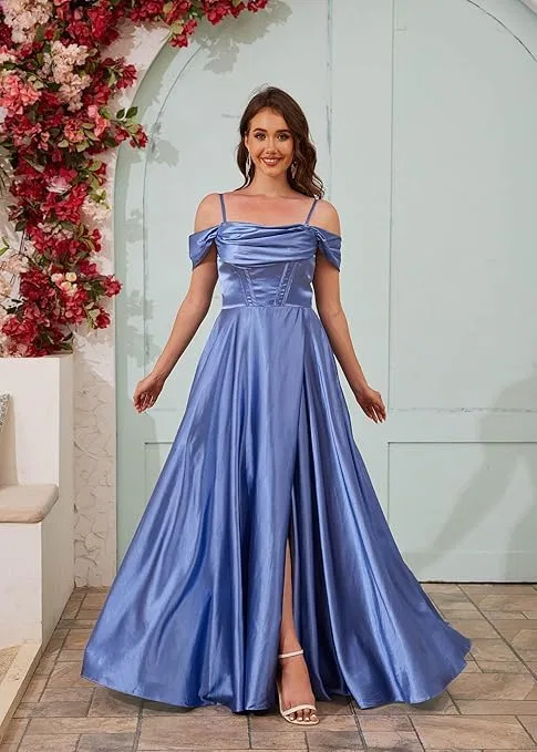 Женское атласное платье A-силуэта с разрезом Prom Gown, Gold — фото 2