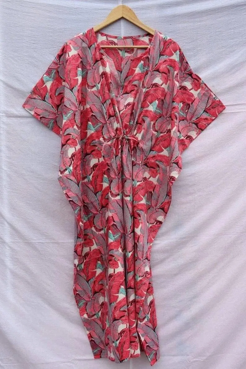 Женское платье-кафтан плюс сайз из 100% хлопка, Pink Leaf — фото 3