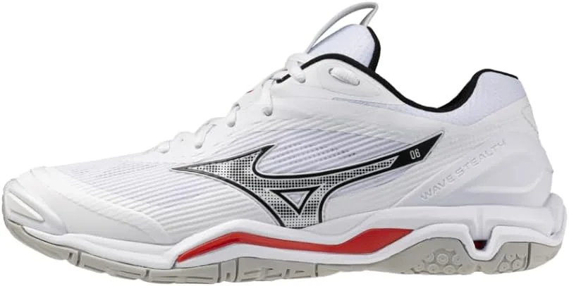 Мужские гандбольные кроссовки Mizuno Wave Stealth 6, белые с черными и красными деталями, верх из искусственной кожи и сетки