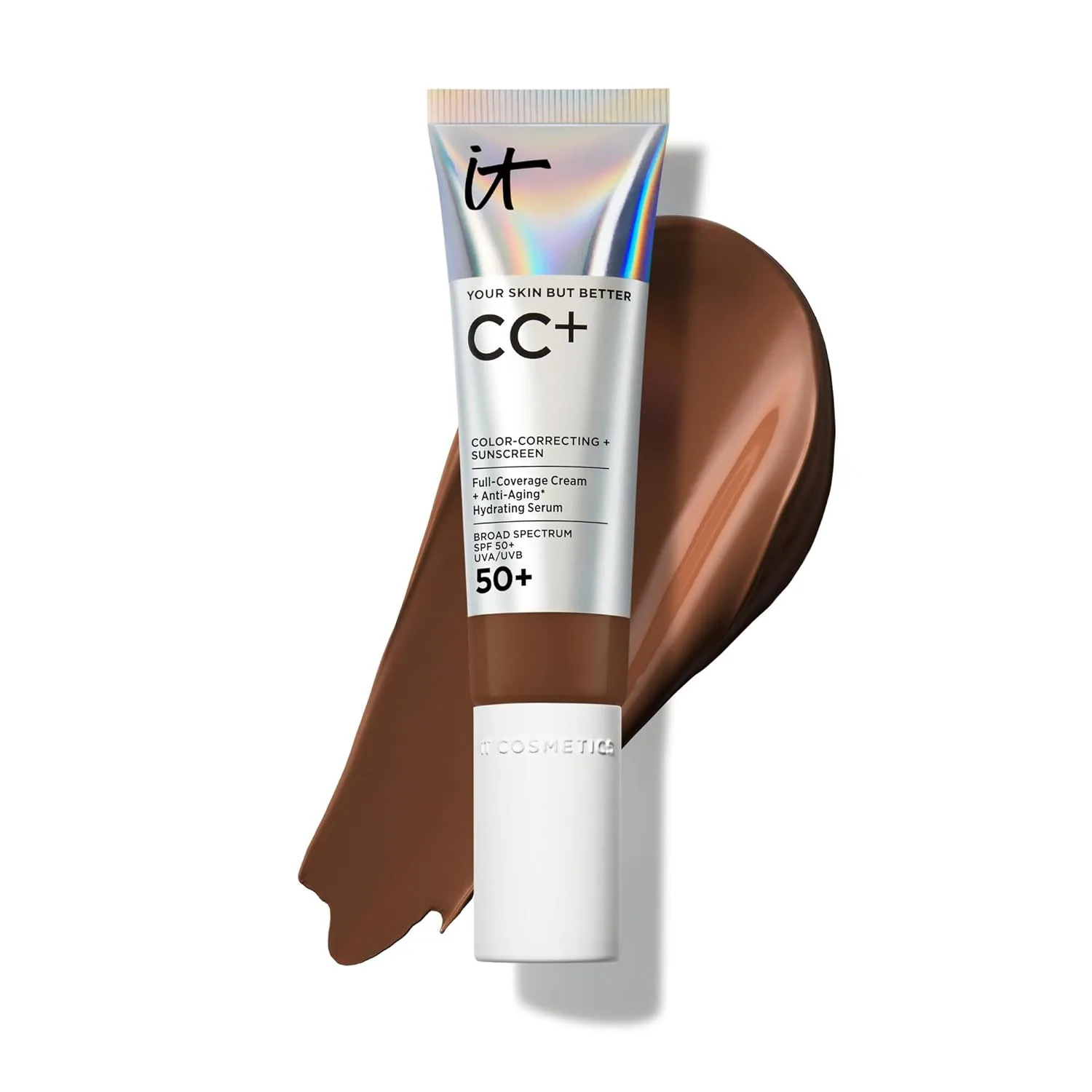IT Cosmetics CC+ Cream - тональная основа с полным покрытием, SPF 50+, корректор цвета и антивозрастная сыворотка, гиалуроновая кислота и пептиды, легкая текстура, до 24 часов носки, для всех типов кожи, 28N Neutral Deep (deep with neutral under...