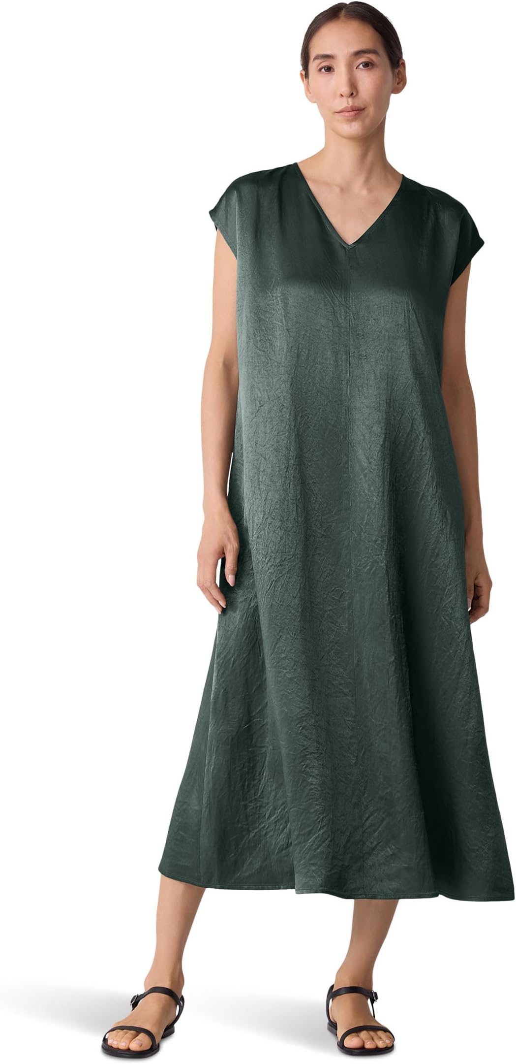 

Платье Eileen Fisher Textured Satin V-neck Dress, цвет Everglade