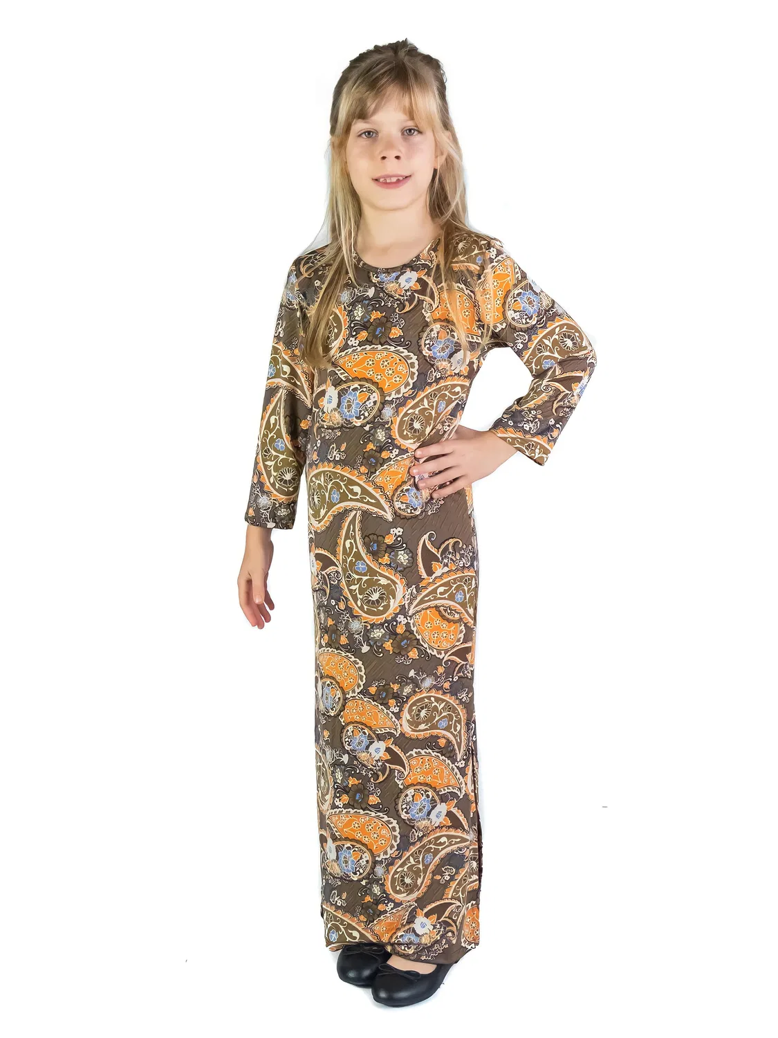 24seven Comfort Apparel 24sevenkid Девочки Коричневое осеннее платье-макси с длинными рукавами и боковым разрезом