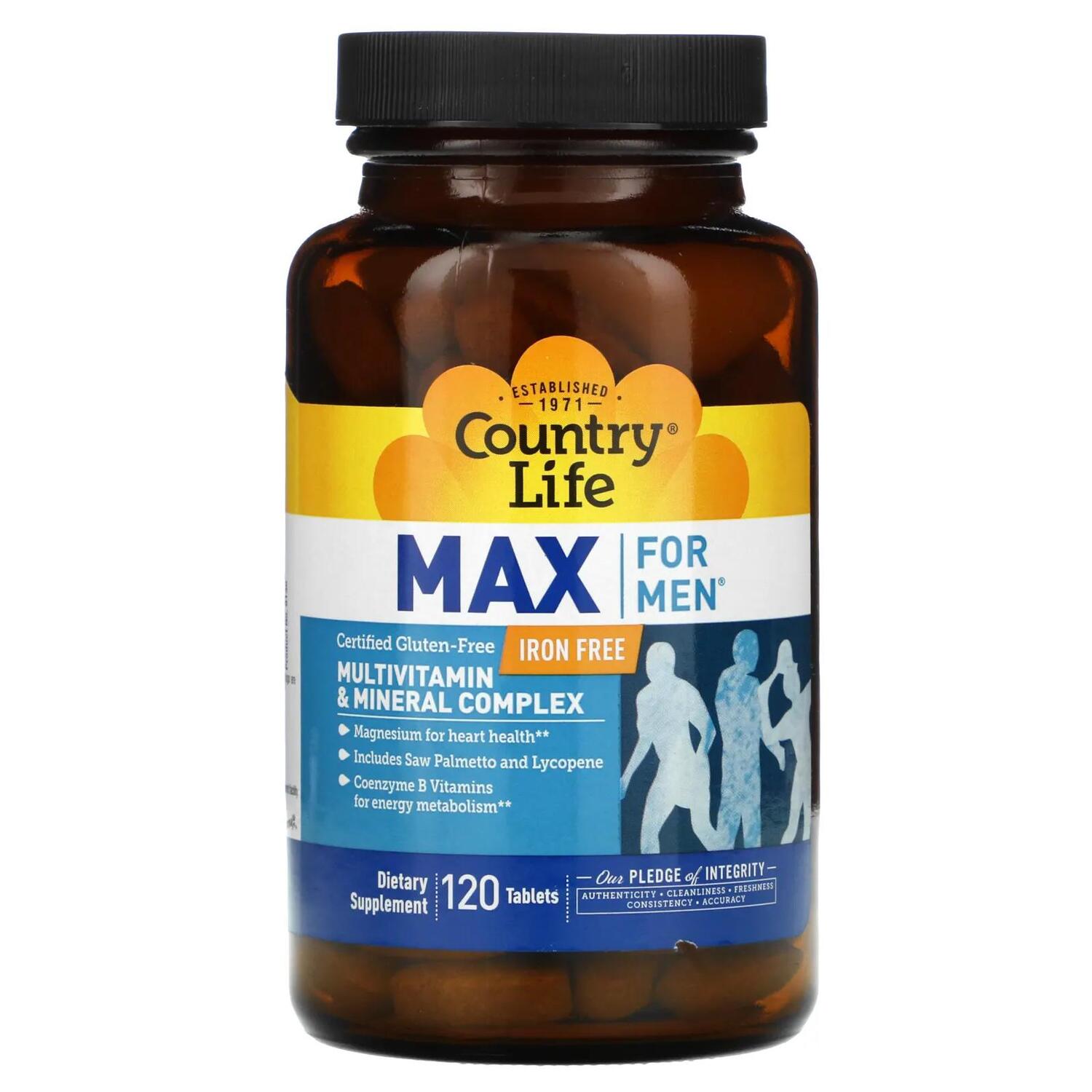 

Country Life Max for Men мультивитаминный и минеральный комплекс для мужчин не содержит железа 120 таблеток