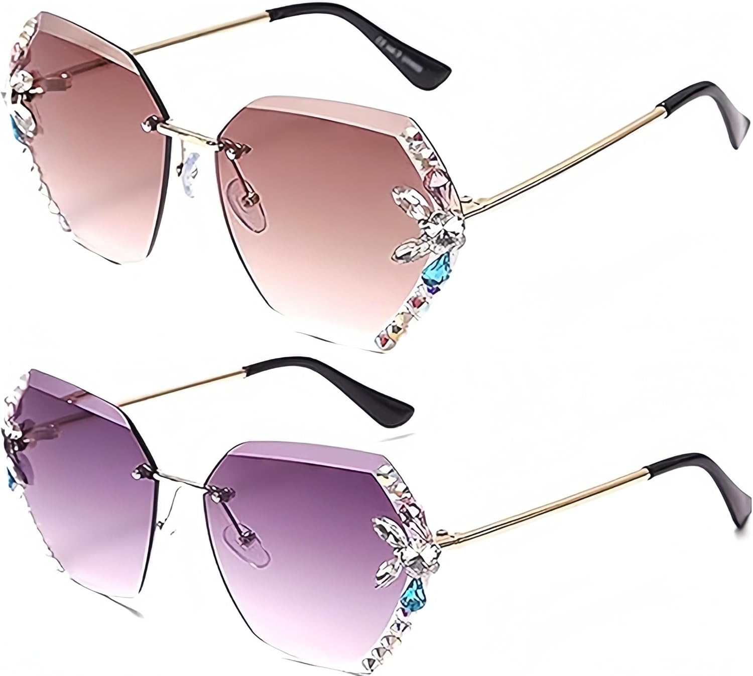 

Модные женские солнцезащитные очки без оправы с бриллиантами, большие солнцезащитные очки с градиентной многоугольной бриллиантовой оправой и защитой от УФ-излучения AILYFIRMO, Brown+purple