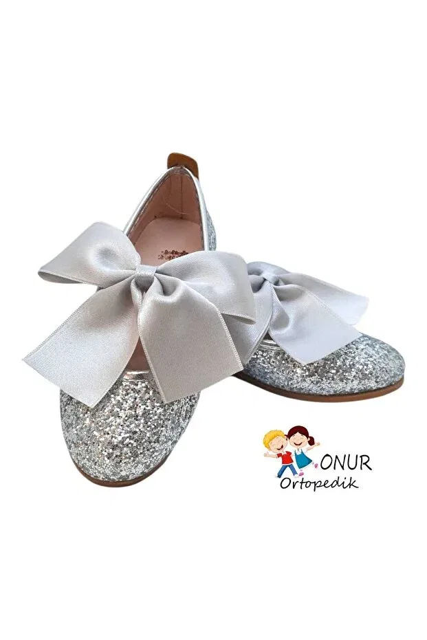 Детские балетки для девочек с бантом Onur Ortopedik, Silver