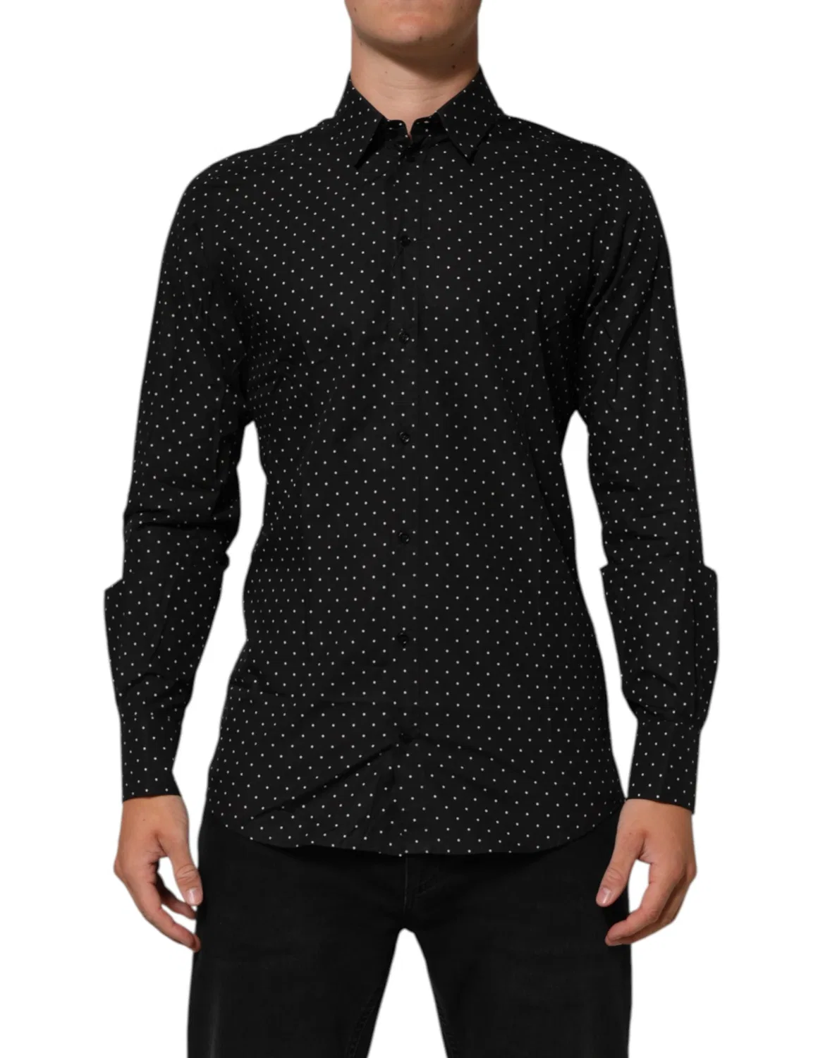 Мужская рубашка с принтом в горошек с длинным рукавом Black Polka Dot Cotton GOLD Dolce & Gabbana, Black