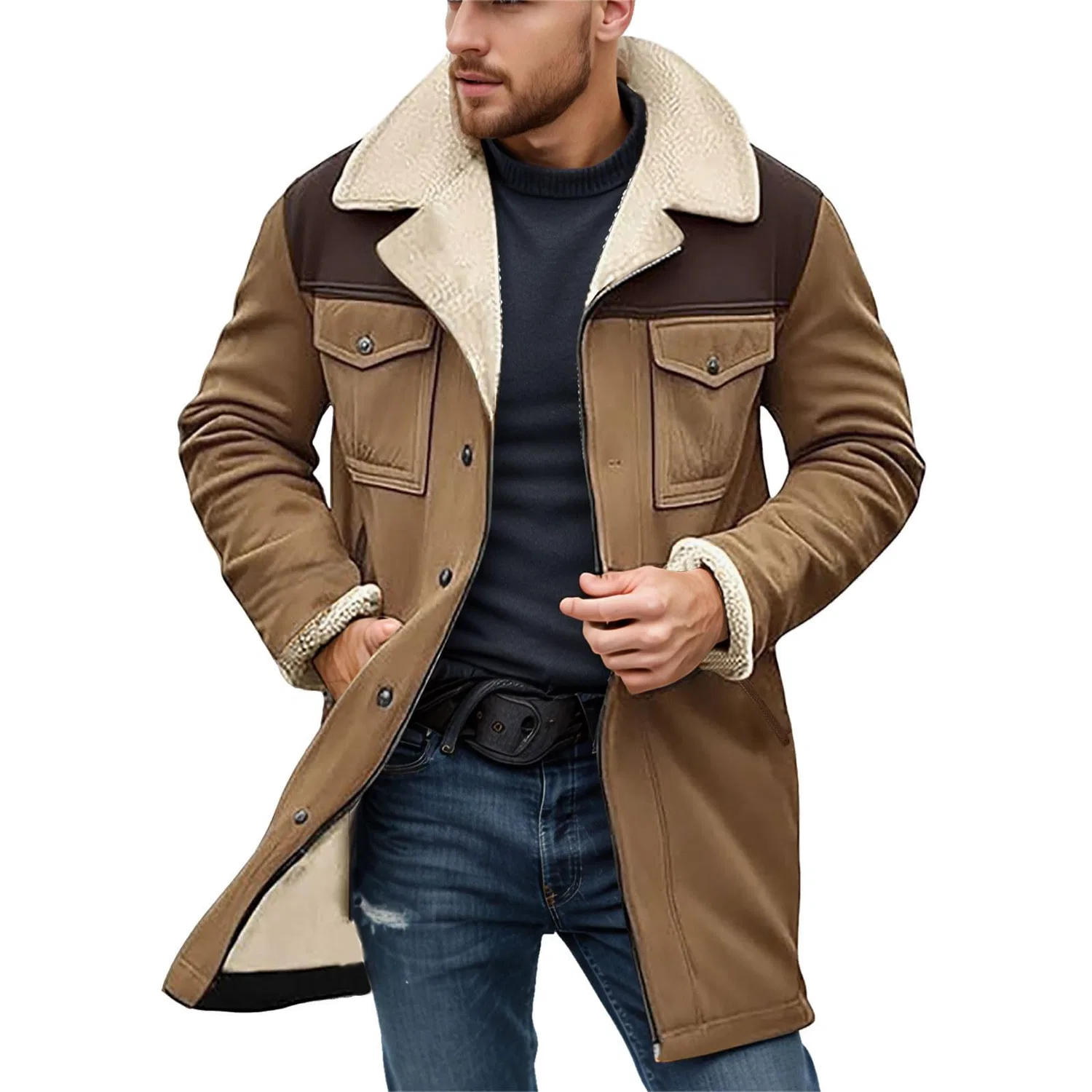 Мужское зимнее пальто с принтом в клетку из искусственной кожи, dark khaki