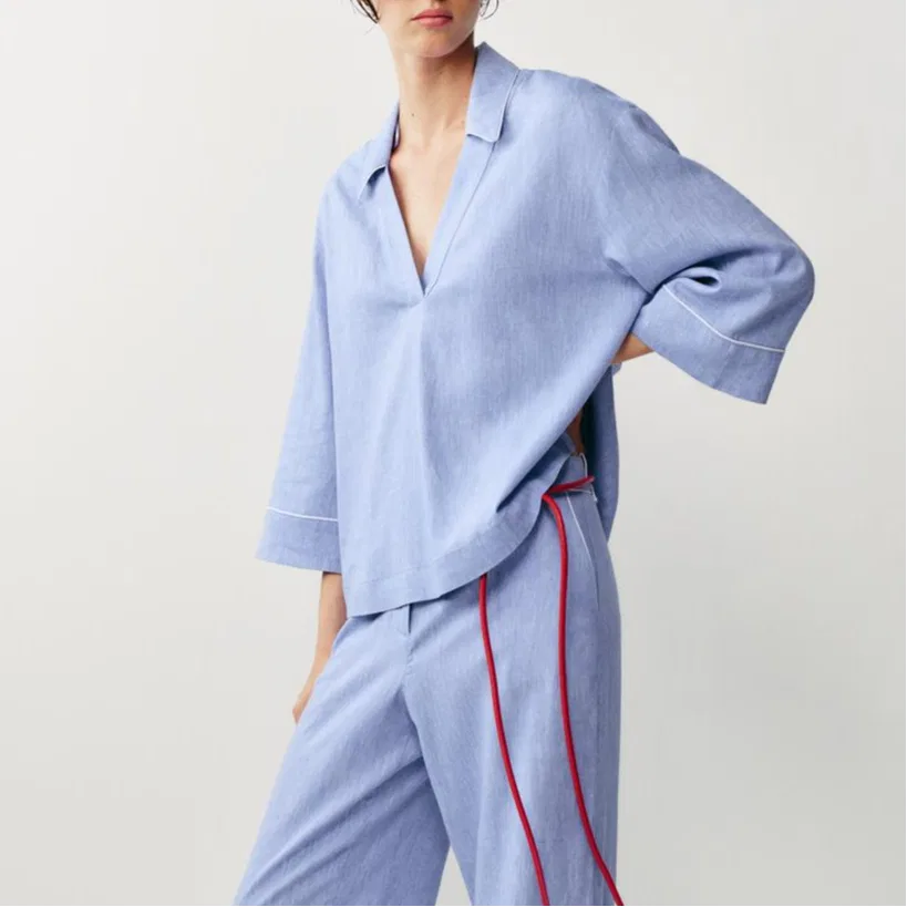 Женская рубашка с V-образным вырезом Light Blue ZARA — фото 4