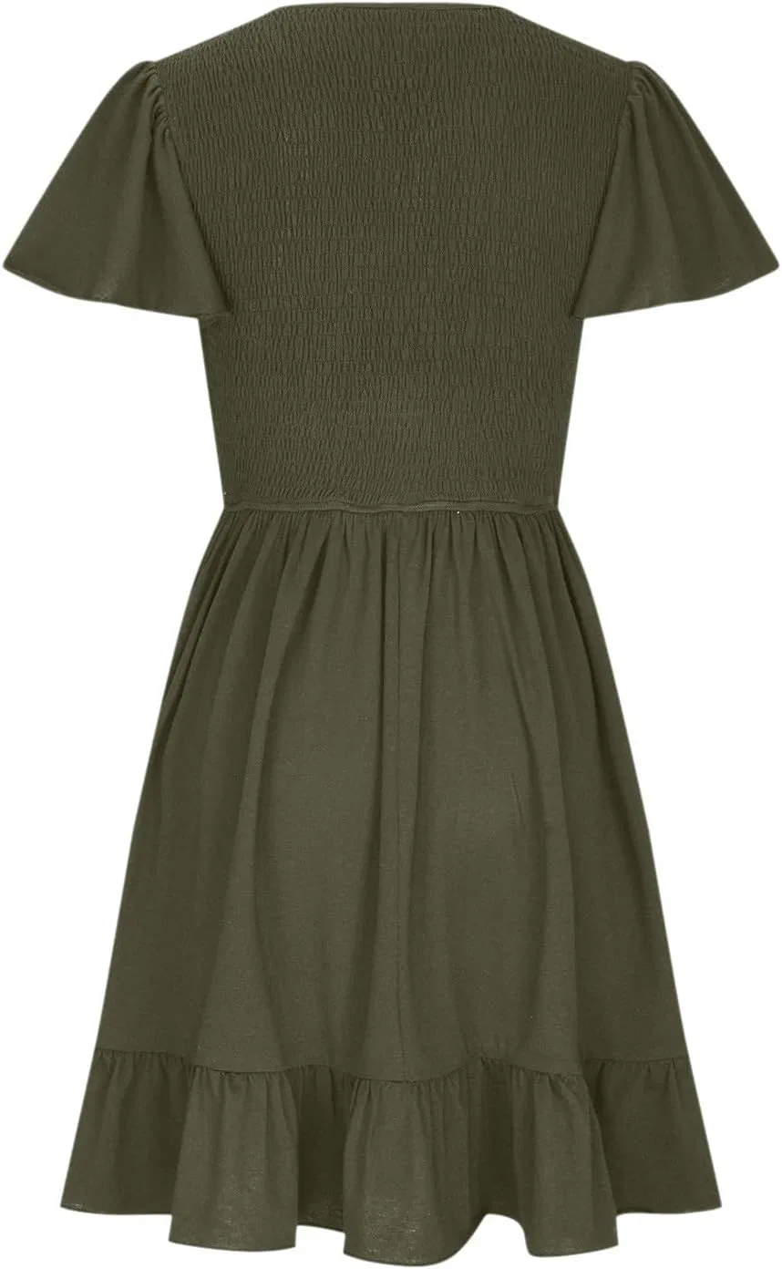 Женское летнее платье с рюшами, коротким рукавом и декольте лодочкой, Smocked Elastic Waist Tiered, Army Green — фото 3