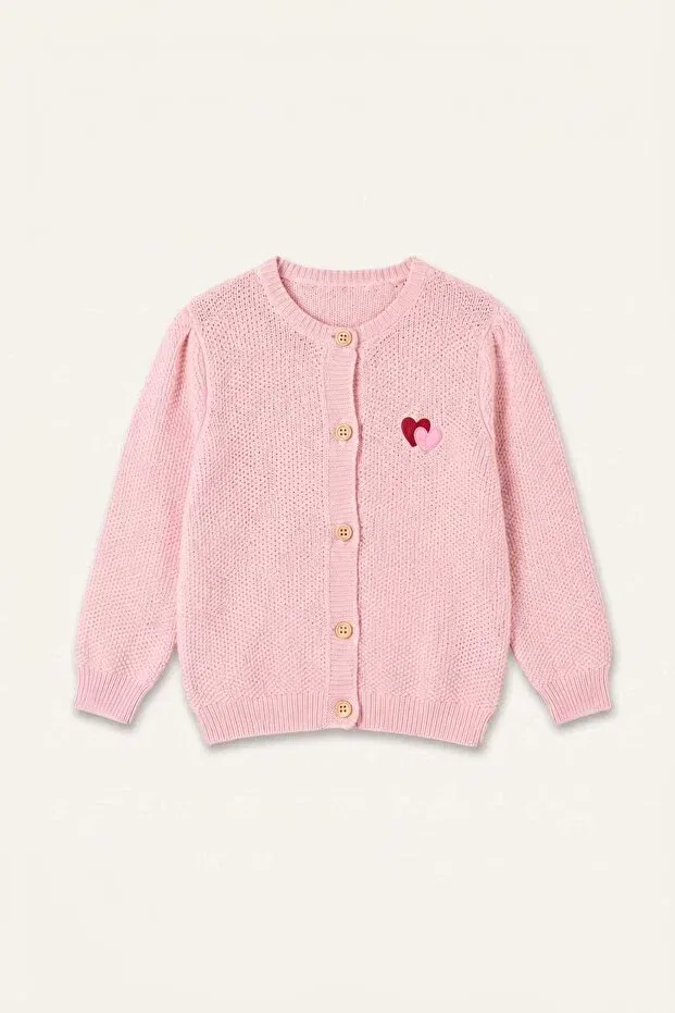 Детский кардиган для девочек с вышивкой Heart embroidered crew neck buttoned knitwear cardigan baby girl Defacto, Pink-Pn82