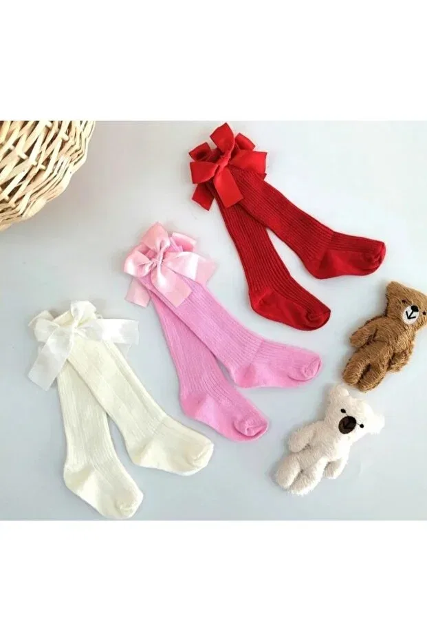 Детские носки для девочек с бантом 3-шт Özkardeşler Baby, Ecru Pink Red