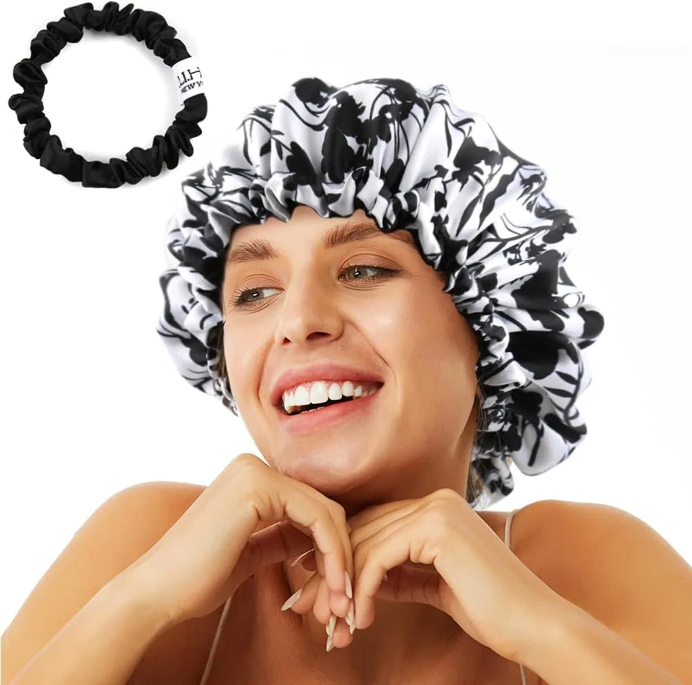 Шапочка для душа ELIHAIR, сатиновая, двойной слой, регулируемая, L, Black Flora