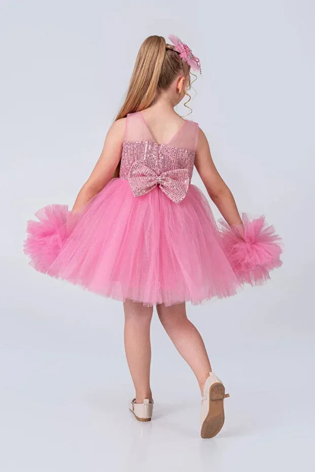 Детское платье для девочек с пайетками Pompom Sleeves And Sequined Tutu Vestitino, Candy Pink — фото 4