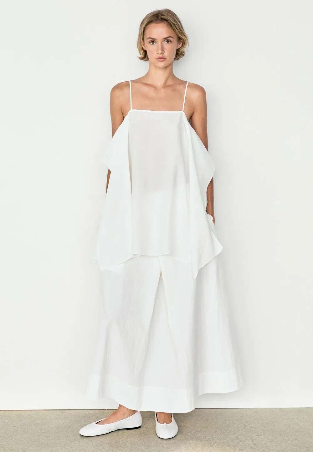 Юбка миди с кокеткой и складками - юбка макси Massimo Dutti, White — фото 2
