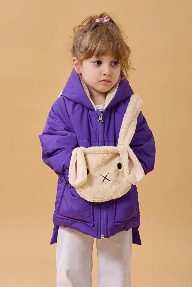 Детское пальто для девочек утепленное с меховыми ушками и сумкой Perendi, Purple
