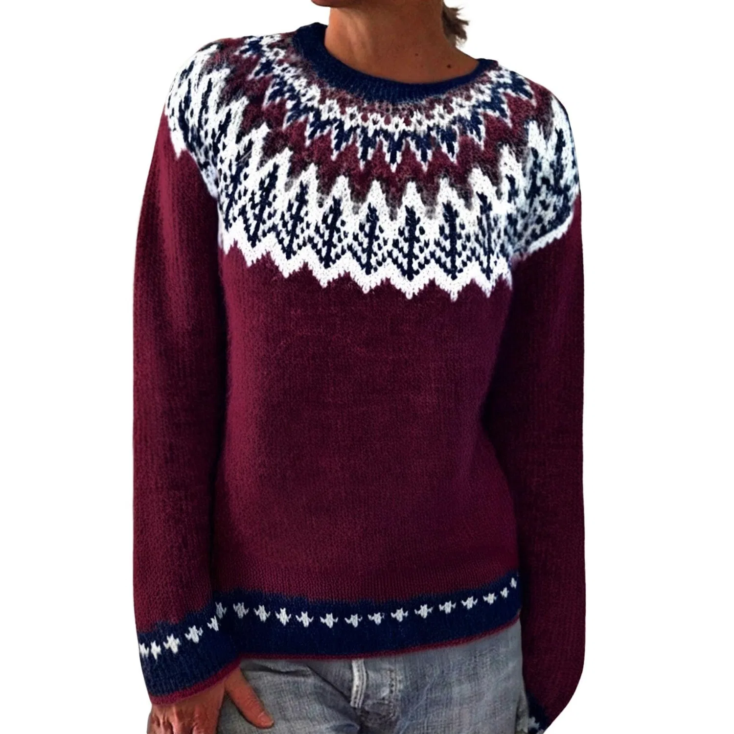 Женский свитер с принтом Retro Knitted Sweater with Isle Print, Wine