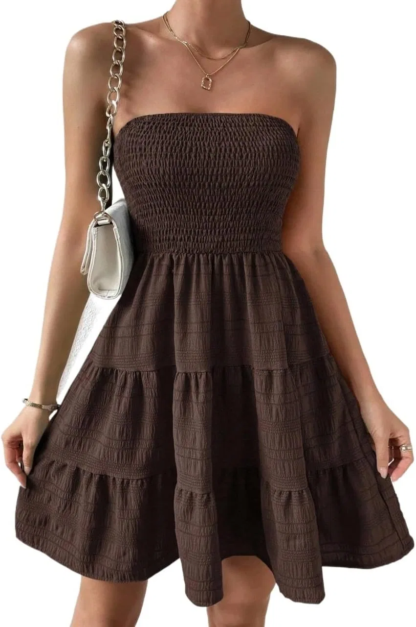 Женское повседневное короткое платье A-line с рюшами, Brown