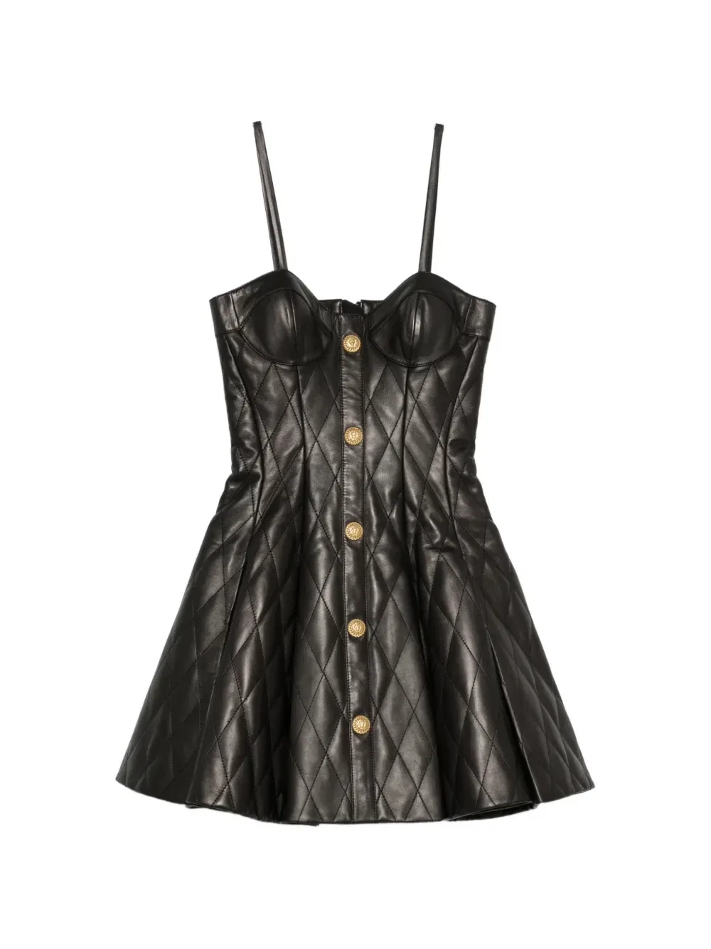 Стеганое кожаное мини-платье Balmain, черный