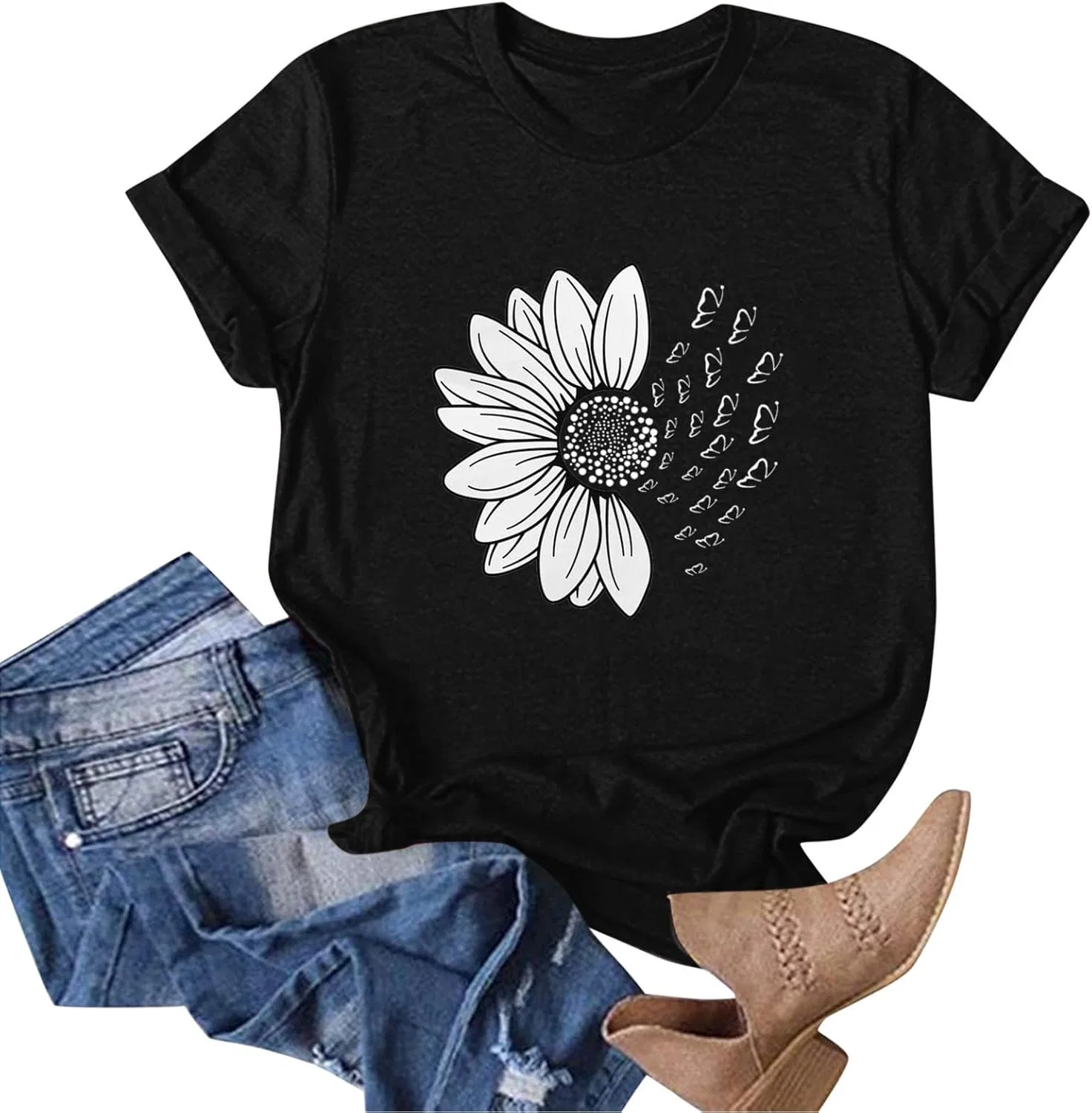 Женская свободная футболка с принтом подсолнуха Sunflower, Black — фото 3