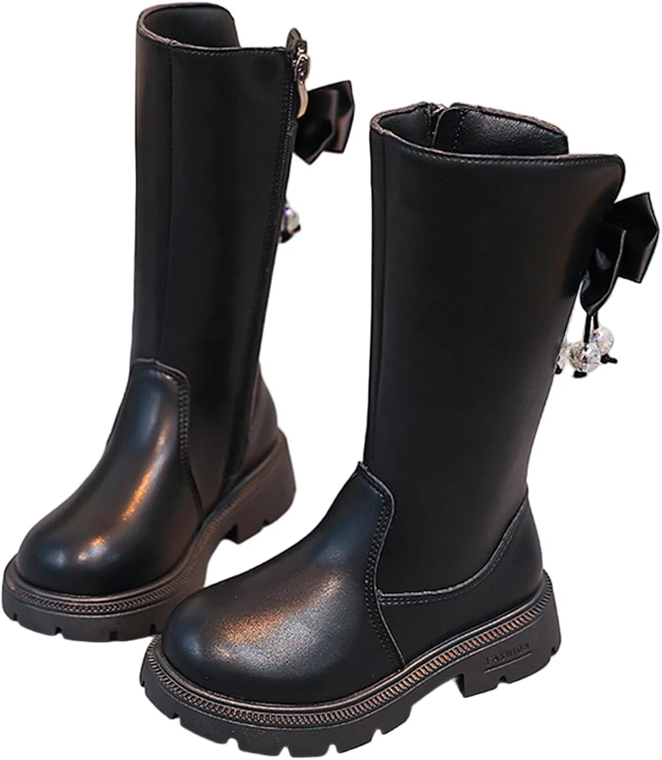 Детские ботинки для девочек с принтом, модель Girls Cute School Boots Mid Calf Side Zipper Combat Shoes Faux Leather Back Bow Tie Boot for Little Kid/Big Kid, Black